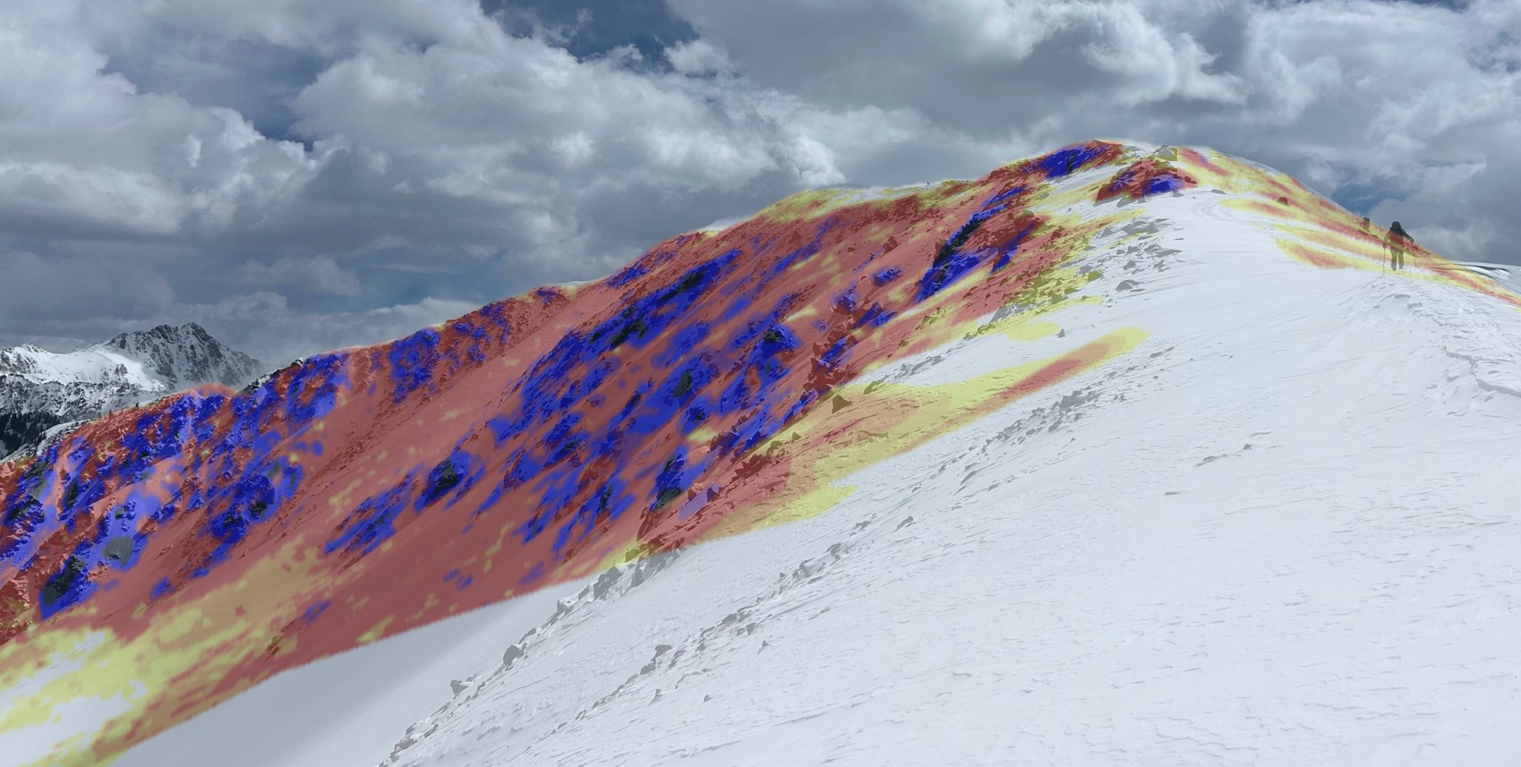 A Colorado ridgeline with RidgeReader's slope-angle shading rendered over the steep north-facing side.