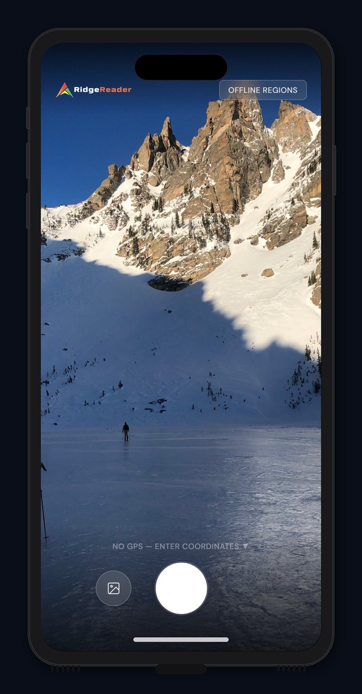 The RidgeReader app camera view, framing a rocky alpine face.